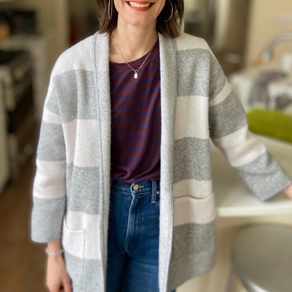 Jillian Nicole | Women’s Striped Open Front Cardigan in Gray & Cream | XL